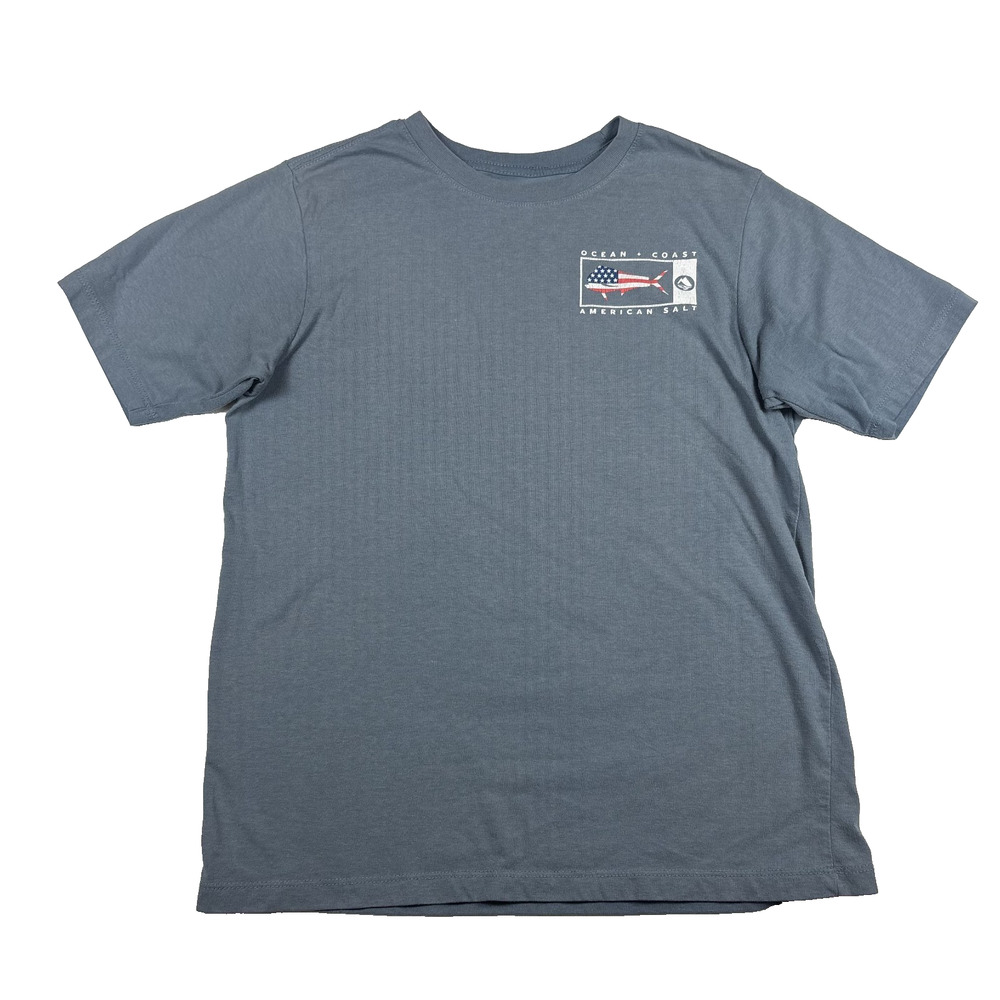 OCEAN + COAST BOYS AMERICA FISH GRAPHIC T-SHIRT BLUE COTTON CREW NECK SIZE L